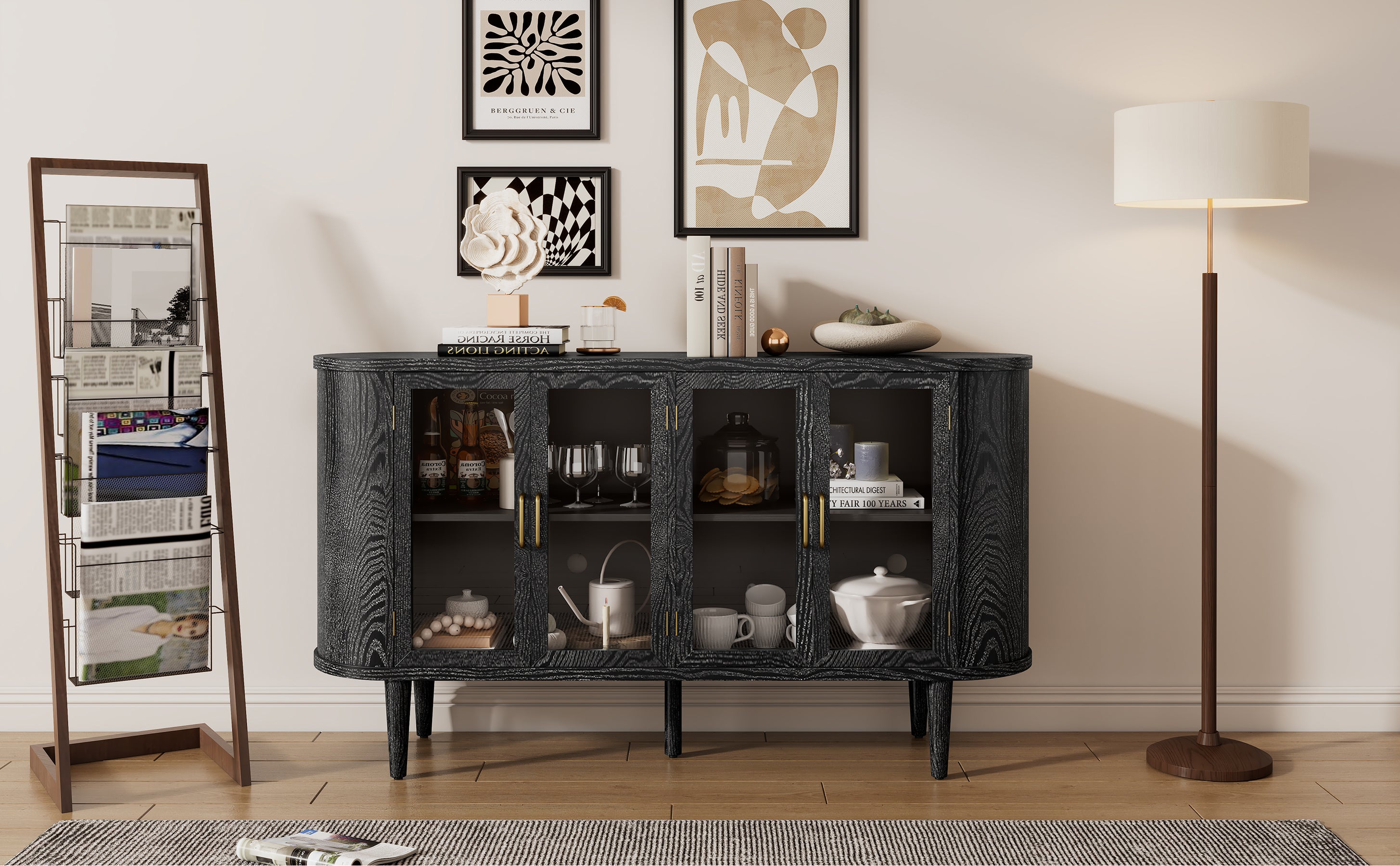 TREXM Farmhouse Sideboard Cabinet with Storage, Wood Buffet Cabinet with Glass Doors and Adjustable Shelves for Kitchen, Dining Room and Living Room (Black)
