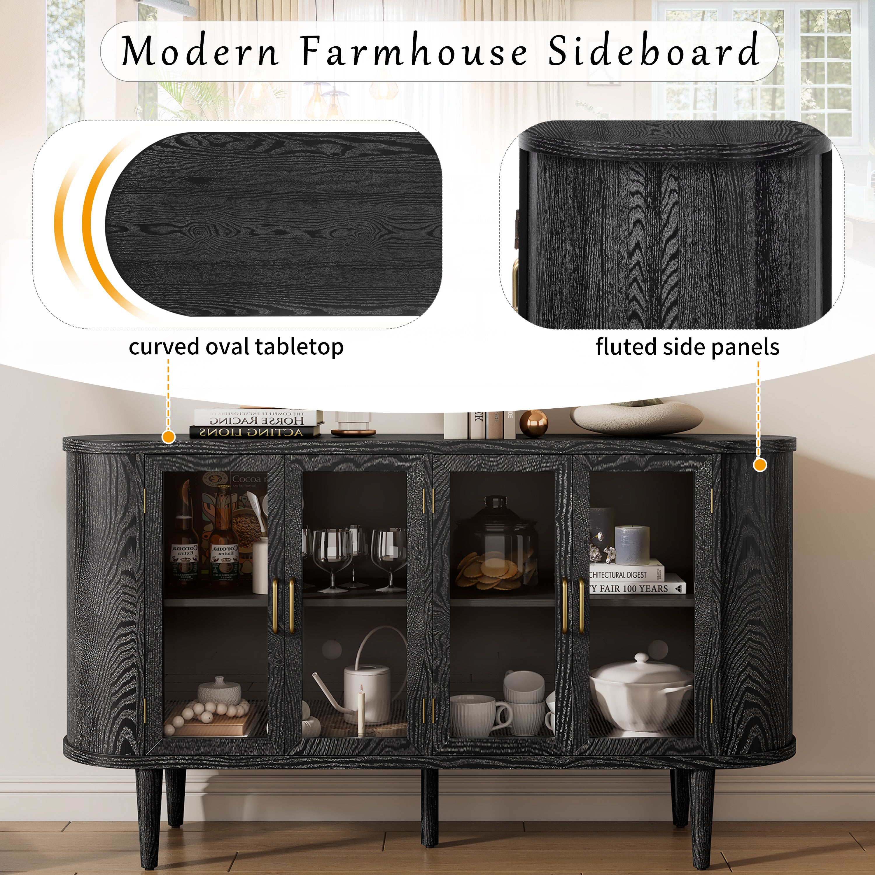 TREXM Farmhouse Sideboard Cabinet with Storage, Wood Buffet Cabinet with Glass Doors and Adjustable Shelves for Kitchen, Dining Room and Living Room (Black)