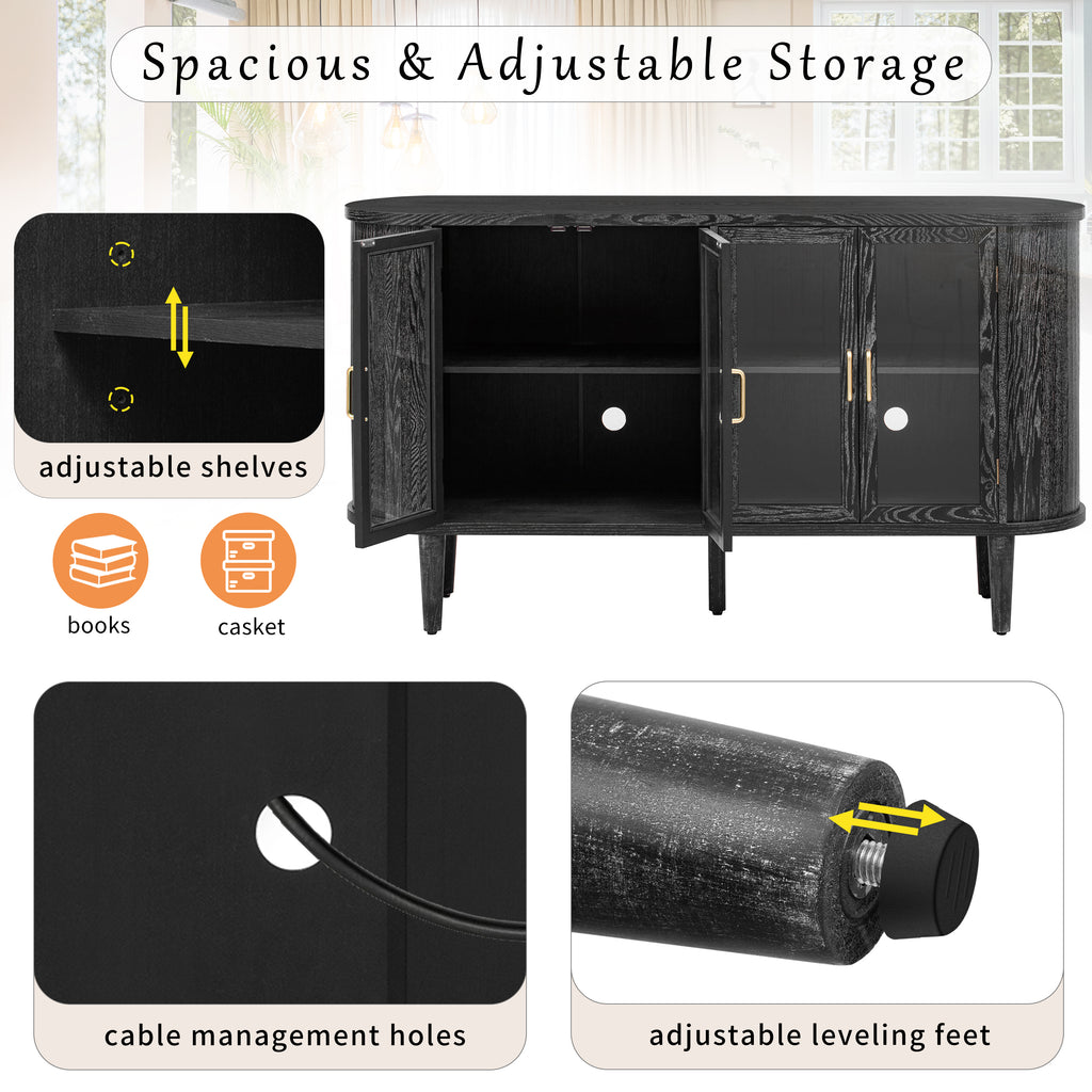 TREXM Farmhouse Sideboard Cabinet with Storage, Wood Buffet Cabinet with Glass Doors and Adjustable Shelves for Kitchen, Dining Room and Living Room (Black)