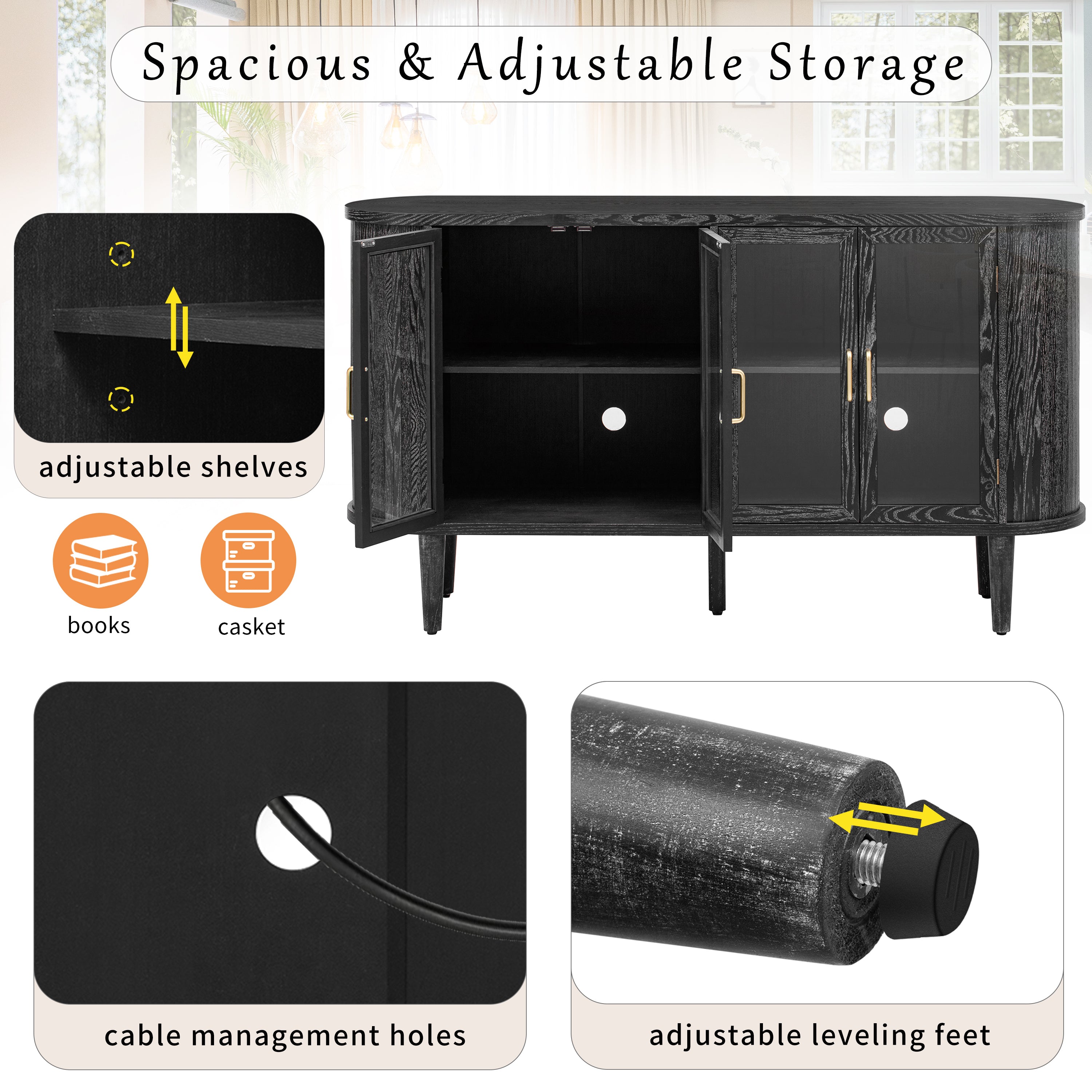 TREXM Farmhouse Sideboard Cabinet with Storage, Wood Buffet Cabinet with Glass Doors and Adjustable Shelves for Kitchen, Dining Room and Living Room (Black)