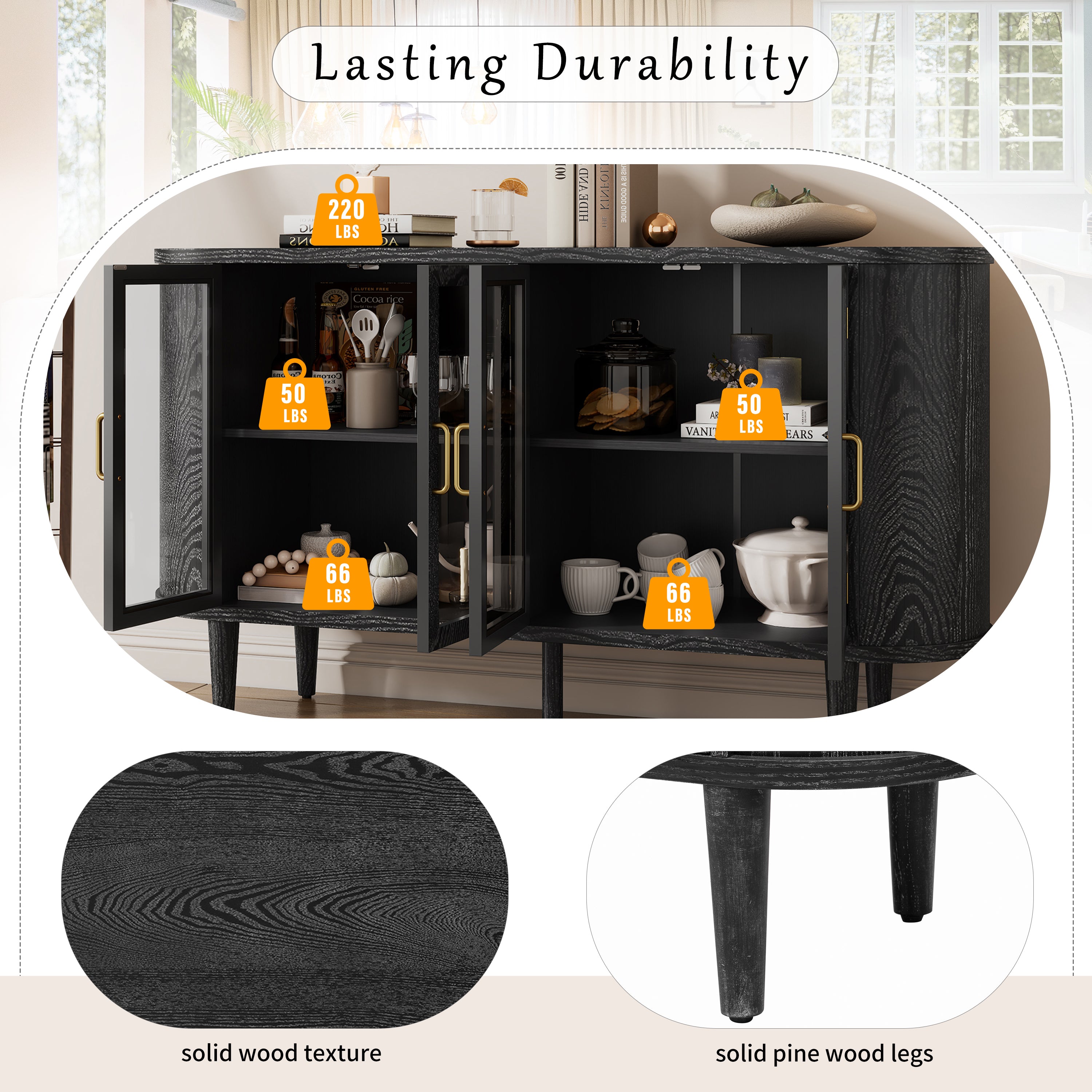 TREXM Farmhouse Sideboard Cabinet with Storage, Wood Buffet Cabinet with Glass Doors and Adjustable Shelves for Kitchen, Dining Room and Living Room (Black)