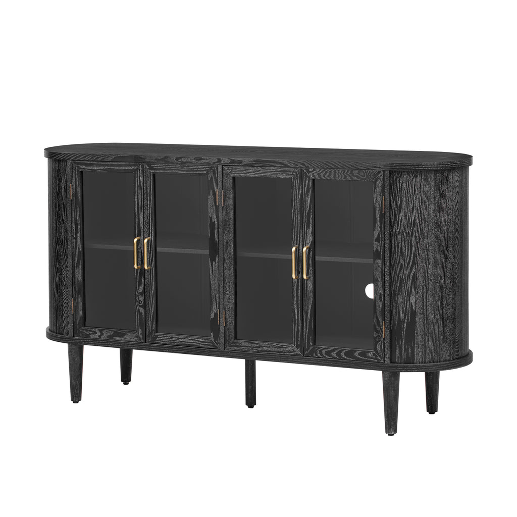 TREXM Farmhouse Sideboard Cabinet with Storage, Wood Buffet Cabinet with Glass Doors and Adjustable Shelves for Kitchen, Dining Room and Living Room (Black)