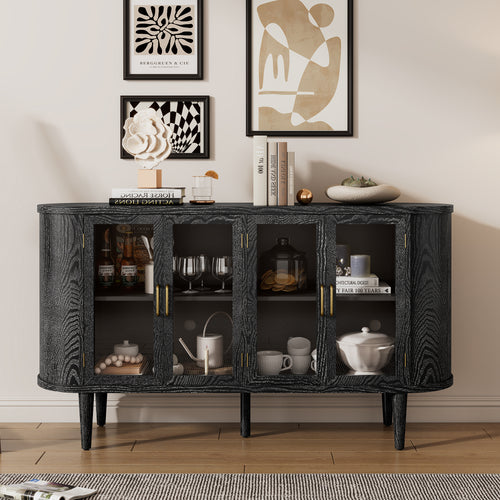 TREXM Farmhouse Sideboard Cabinet with Storage, Wood Buffet Cabinet with Glass Doors and Adjustable Shelves for Kitchen, Dining Room and Living Room (Black)