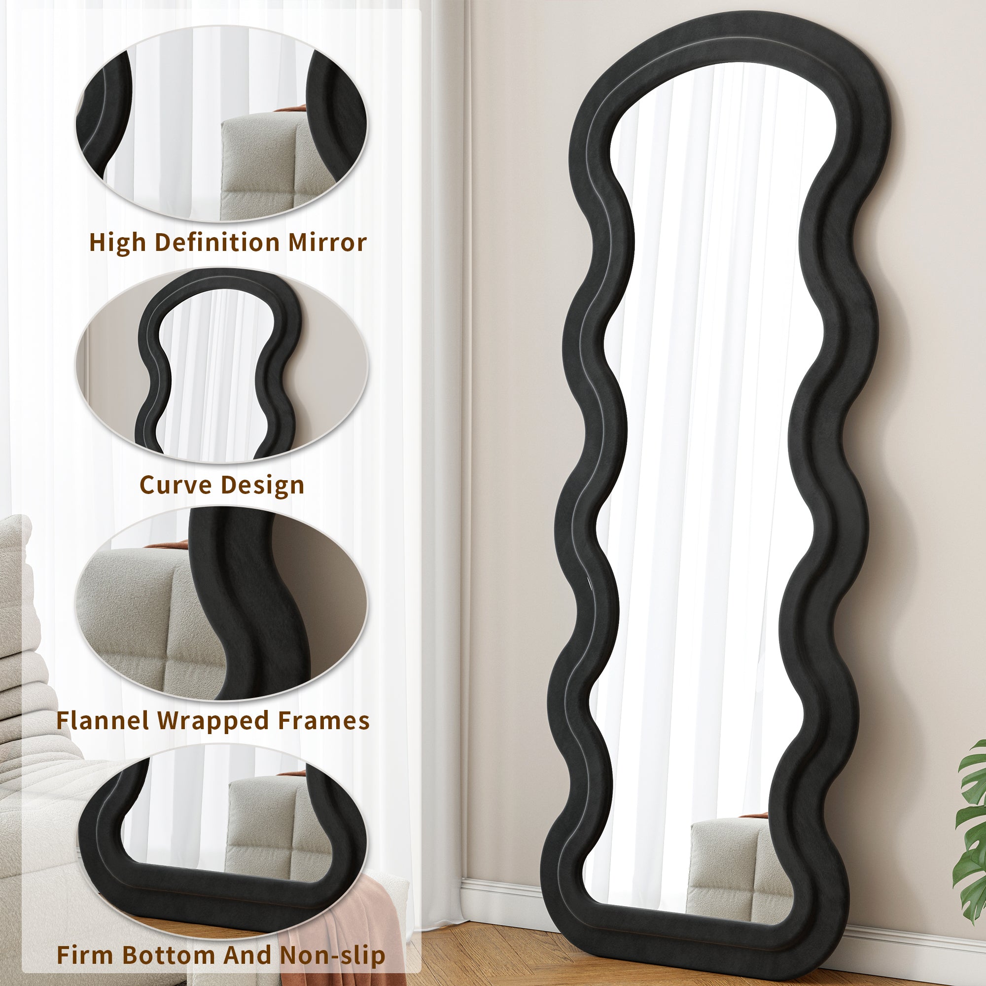 Flannel Full Length Wave Floor Mirror with Stand for Bedroom living room Hanging or Against The Wall black