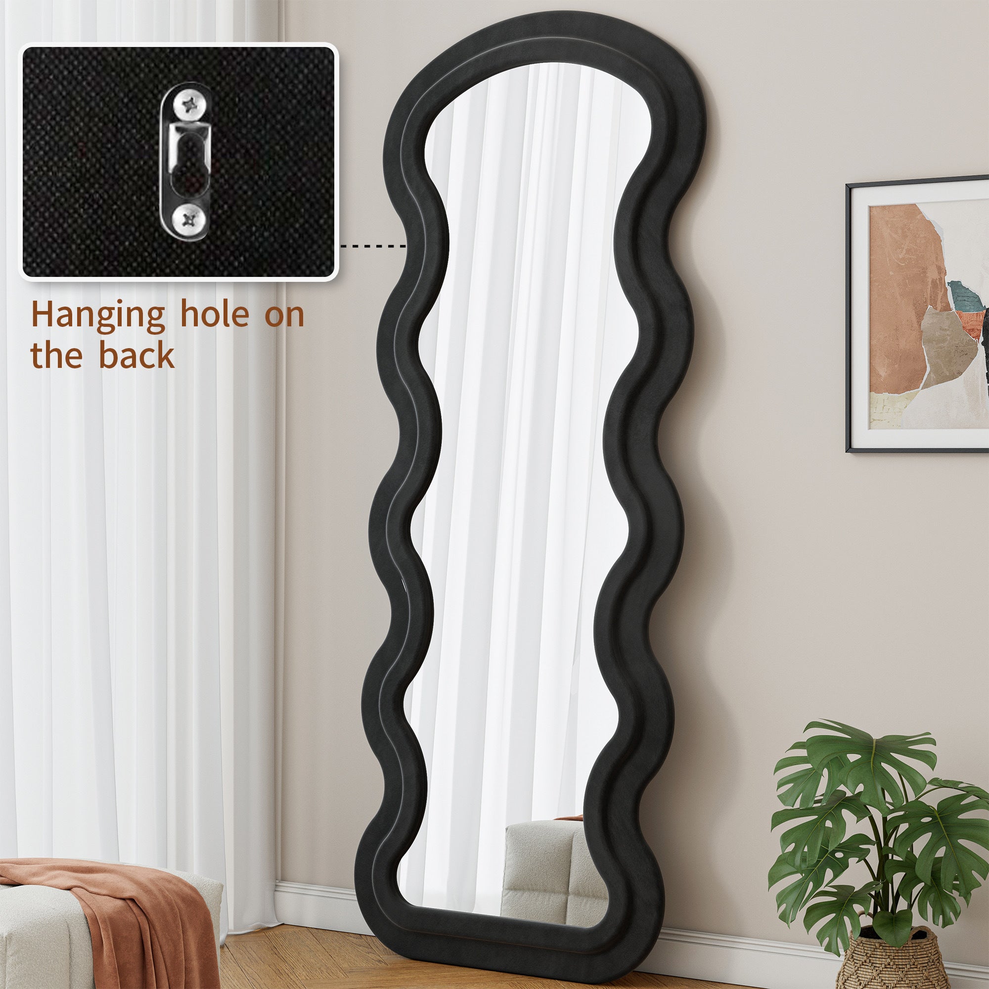 Flannel Full Length Wave Floor Mirror with Stand for Bedroom living room Hanging or Against The Wall black