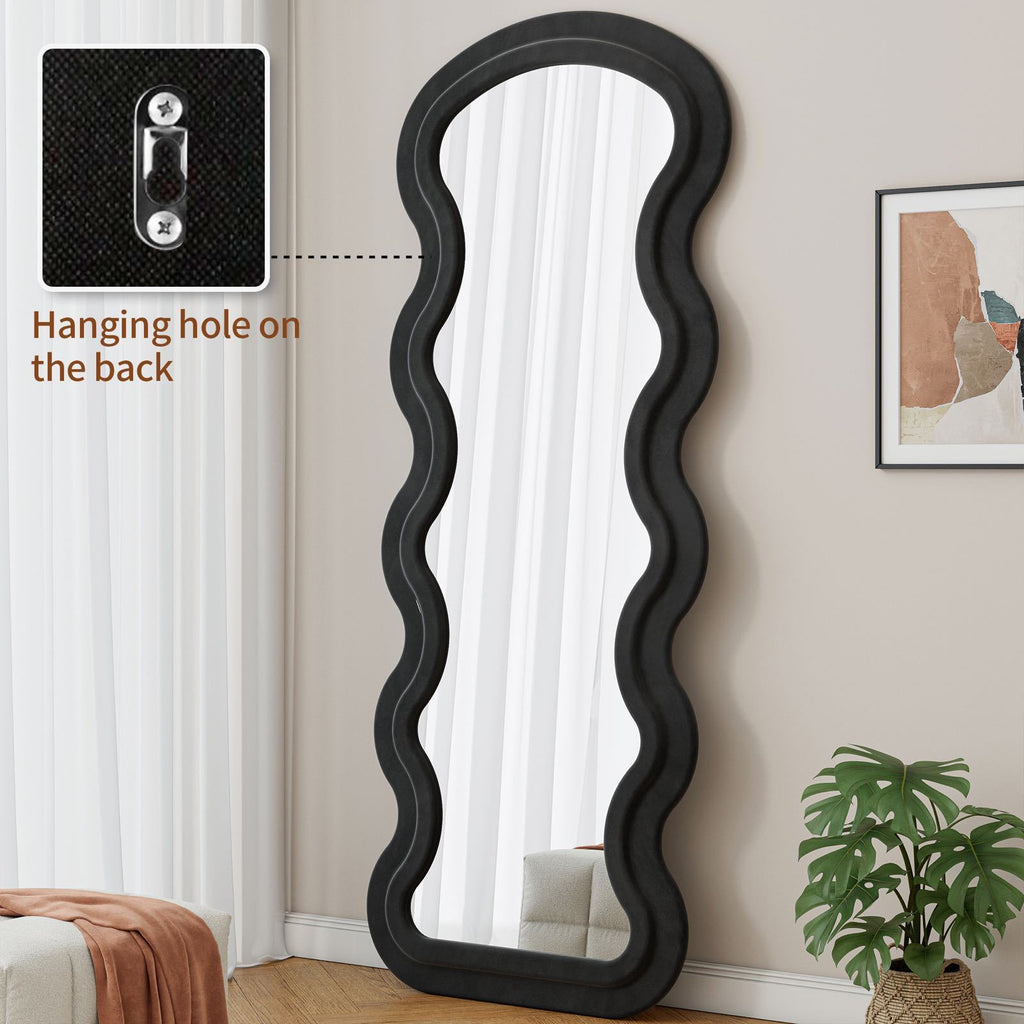 Flannel Full Length Wave Floor Mirror with Stand for Bedroom living room Hanging or Against The Wall black