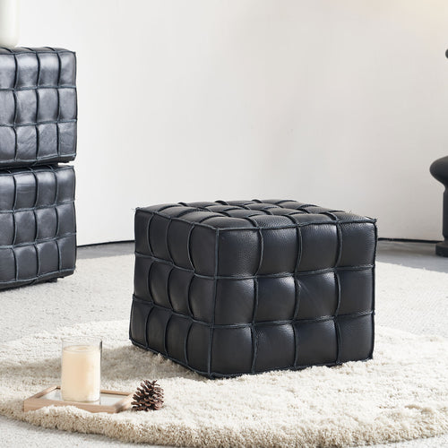 17.32''W Genuine Leather Tufted Ottoman,Footstool for Living Room & Bedroom,Black Color
