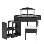 Corner Vanity Desk Set with Storage Cushioned Stool and Charging Station, Triangle Makeup Desk with Removable Pull-Out Side Cabinet, Glass Tabletop Makeup Vanity Desk with Drawer and Shelf, Black Makeup Vanity