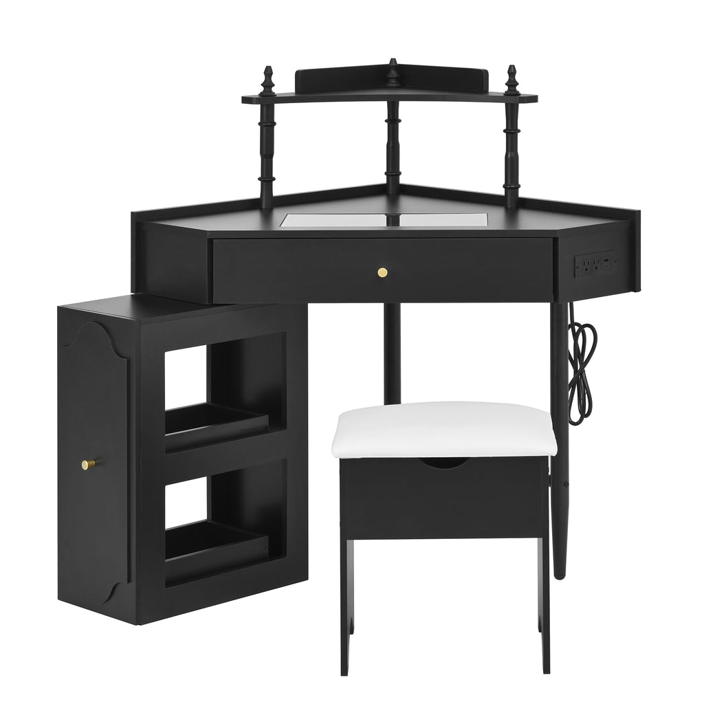 Corner Vanity Desk Set with Storage Cushioned Stool and Charging Station, Triangle Makeup Desk with Removable Pull-Out Side Cabinet, Glass Tabletop Makeup Vanity Desk with Drawer and Shelf, Black Makeup Vanity