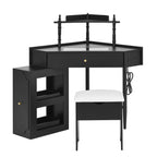 Corner Vanity Desk Set with Storage Cushioned Stool and Charging Station, Triangle Makeup Desk with Removable Pull-Out Side Cabinet, Glass Tabletop Makeup Vanity Desk with Drawer and Shelf, Black Makeup Vanity