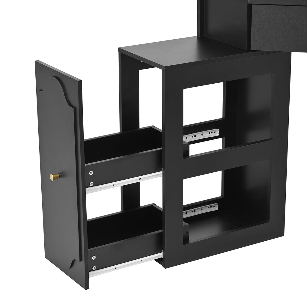 Corner Vanity Desk Set with Storage Cushioned Stool and Charging Station, Triangle Makeup Desk with Removable Pull-Out Side Cabinet, Glass Tabletop Makeup Vanity Desk with Drawer and Shelf, Black Makeup Vanity