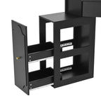 Corner Vanity Desk Set with Storage Cushioned Stool and Charging Station, Triangle Makeup Desk with Removable Pull-Out Side Cabinet, Glass Tabletop Makeup Vanity Desk with Drawer and Shelf, Black Makeup Vanity