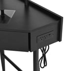 Corner Vanity Desk Set with Storage Cushioned Stool and Charging Station, Triangle Makeup Desk with Removable Pull-Out Side Cabinet, Glass Tabletop Makeup Vanity Desk with Drawer and Shelf, Black Makeup Vanity