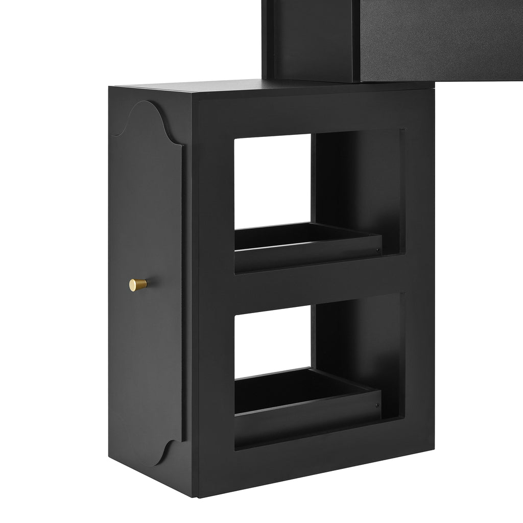 Corner Vanity Desk Set with Storage Cushioned Stool and Charging Station, Triangle Makeup Desk with Removable Pull-Out Side Cabinet, Glass Tabletop Makeup Vanity Desk with Drawer and Shelf, Black Makeup Vanity