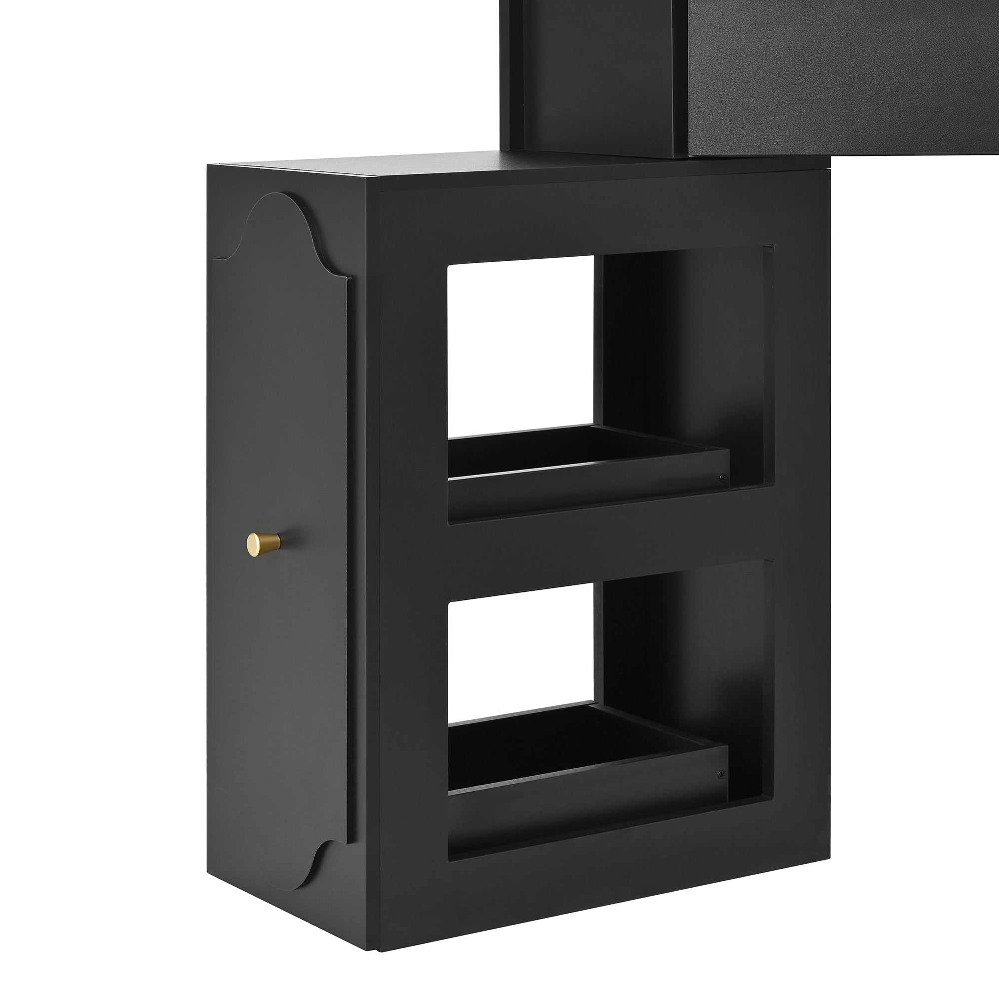 Corner Vanity Desk Set with Storage Cushioned Stool and Charging Station, Triangle Makeup Desk with Removable Pull-Out Side Cabinet, Glass Tabletop Makeup Vanity Desk with Drawer and Shelf, Black Makeup Vanity