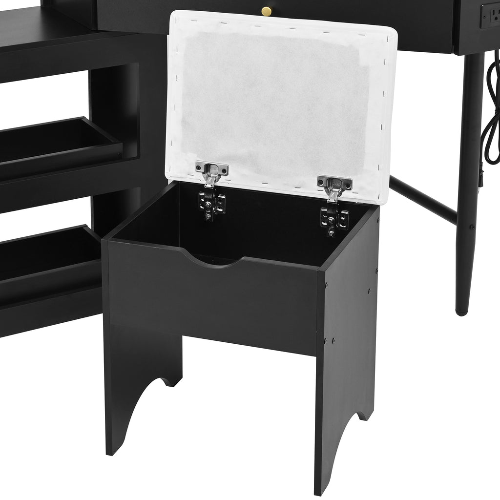 Corner Vanity Desk Set with Storage Cushioned Stool and Charging Station, Triangle Makeup Desk with Removable Pull-Out Side Cabinet, Glass Tabletop Makeup Vanity Desk with Drawer and Shelf, Black Makeup Vanity