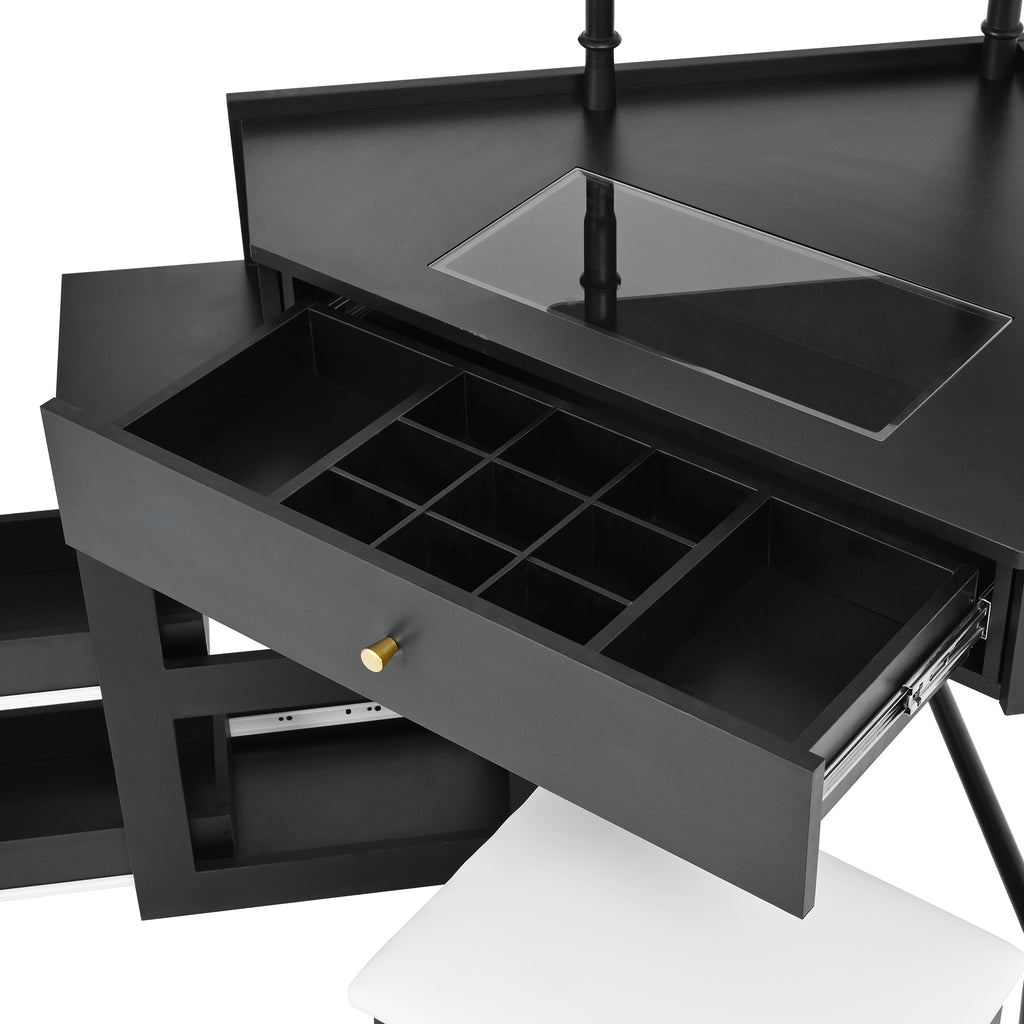 Corner Vanity Desk Set with Storage Cushioned Stool and Charging Station, Triangle Makeup Desk with Removable Pull-Out Side Cabinet, Glass Tabletop Makeup Vanity Desk with Drawer and Shelf, Black Makeup Vanity