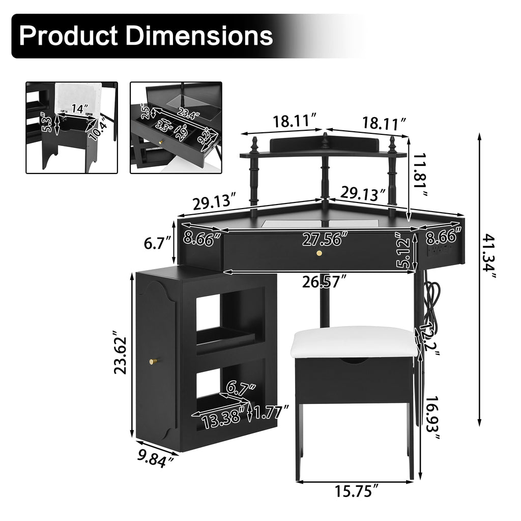 Corner Vanity Desk Set with Storage Cushioned Stool and Charging Station, Triangle Makeup Desk with Removable Pull-Out Side Cabinet, Glass Tabletop Makeup Vanity Desk with Drawer and Shelf, Black Makeup Vanity