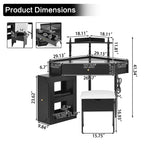 Corner Vanity Desk Set with Storage Cushioned Stool and Charging Station, Triangle Makeup Desk with Removable Pull-Out Side Cabinet, Glass Tabletop Makeup Vanity Desk with Drawer and Shelf, Black Makeup Vanity