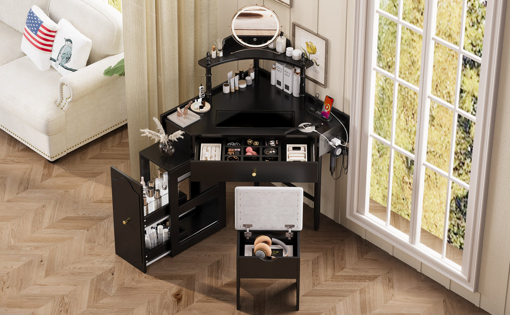 Corner Vanity Desk Set with Storage Cushioned Stool and Charging Station, Triangle Makeup Desk with Removable Pull-Out Side Cabinet, Glass Tabletop Makeup Vanity Desk with Drawer and Shelf, Black Makeup Vanity