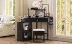Corner Vanity Desk Set with Storage Cushioned Stool and Charging Station, Triangle Makeup Desk with Removable Pull-Out Side Cabinet, Glass Tabletop Makeup Vanity Desk with Drawer and Shelf, Black Makeup Vanity
