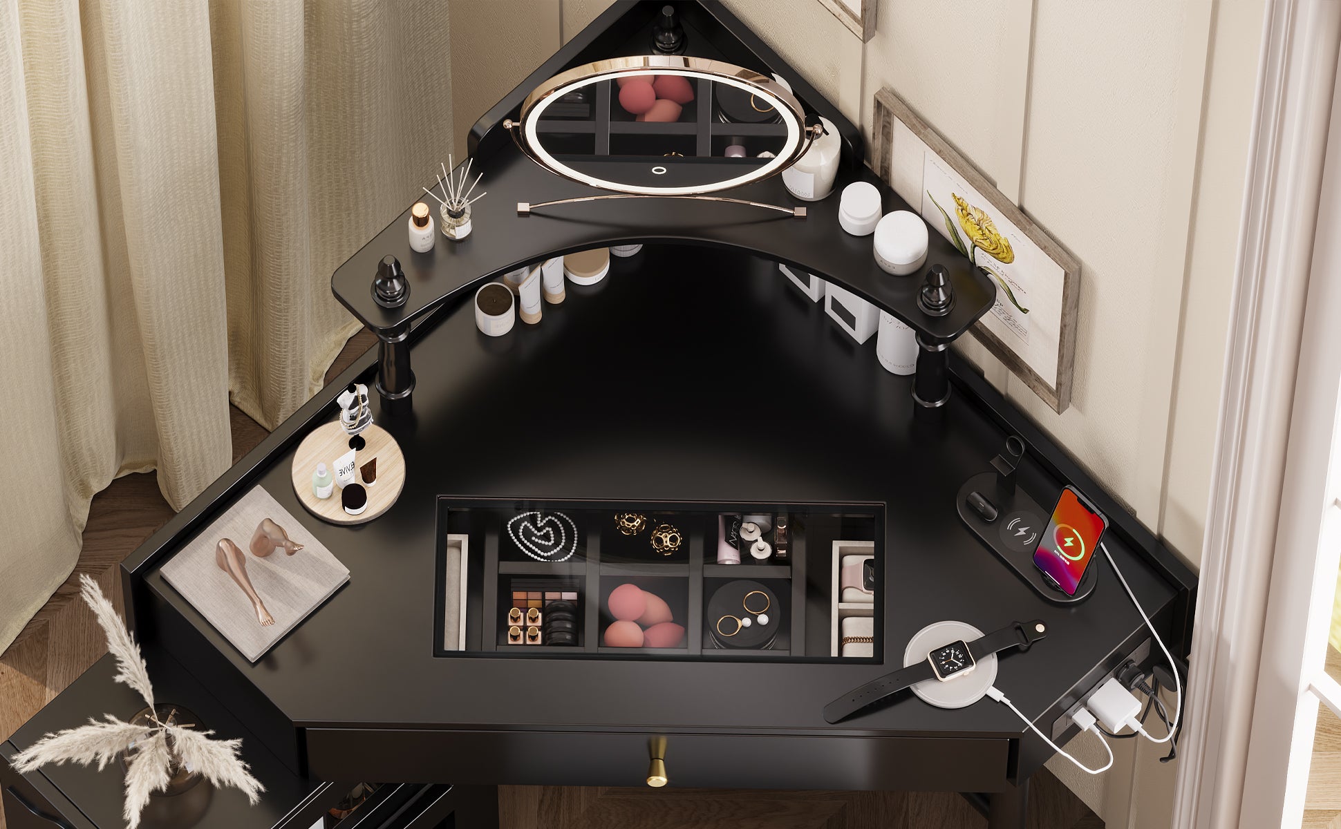 Corner Vanity Desk Set with Storage Cushioned Stool and Charging Station, Triangle Makeup Desk with Removable Pull-Out Side Cabinet, Glass Tabletop Makeup Vanity Desk with Drawer and Shelf, Black Makeup Vanity