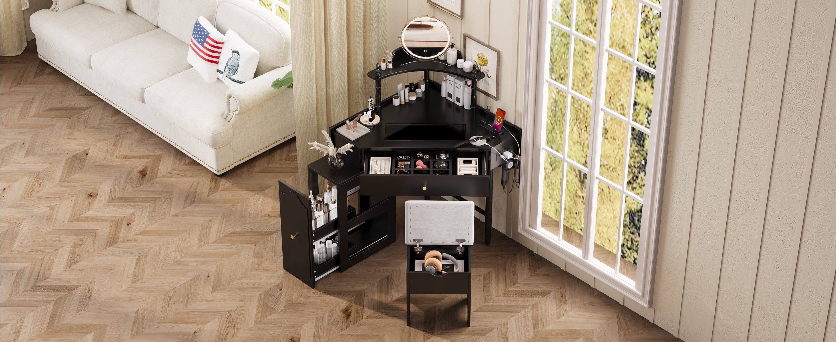 Corner Vanity Desk Set with Storage Cushioned Stool and Charging Station, Triangle Makeup Desk with Removable Pull-Out Side Cabinet, Glass Tabletop Makeup Vanity Desk with Drawer and Shelf, Black Makeup Vanity