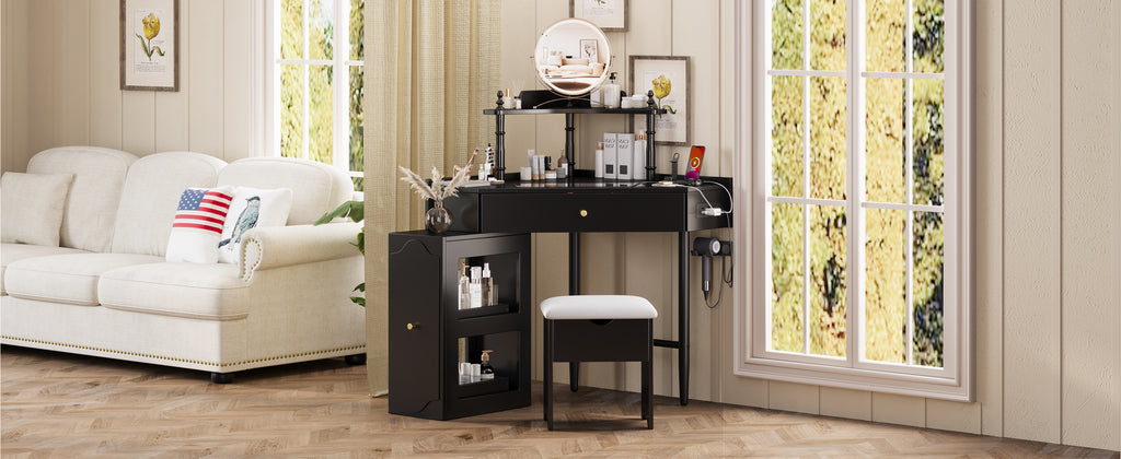 Corner Vanity Desk Set with Storage Cushioned Stool and Charging Station, Triangle Makeup Desk with Removable Pull-Out Side Cabinet, Glass Tabletop Makeup Vanity Desk with Drawer and Shelf, Black Makeup Vanity