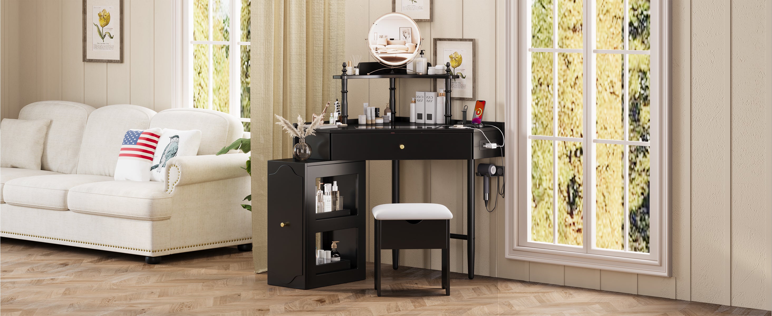 Corner Vanity Desk Set with Storage Cushioned Stool and Charging Station, Triangle Makeup Desk with Removable Pull-Out Side Cabinet, Glass Tabletop Makeup Vanity Desk with Drawer and Shelf, Black Makeup Vanity