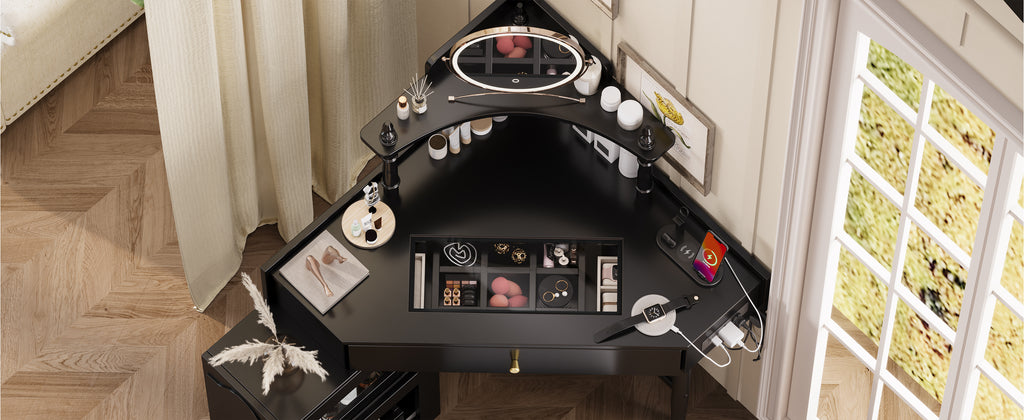 Corner Vanity Desk Set with Storage Cushioned Stool and Charging Station, Triangle Makeup Desk with Removable Pull-Out Side Cabinet, Glass Tabletop Makeup Vanity Desk with Drawer and Shelf, Black Makeup Vanity