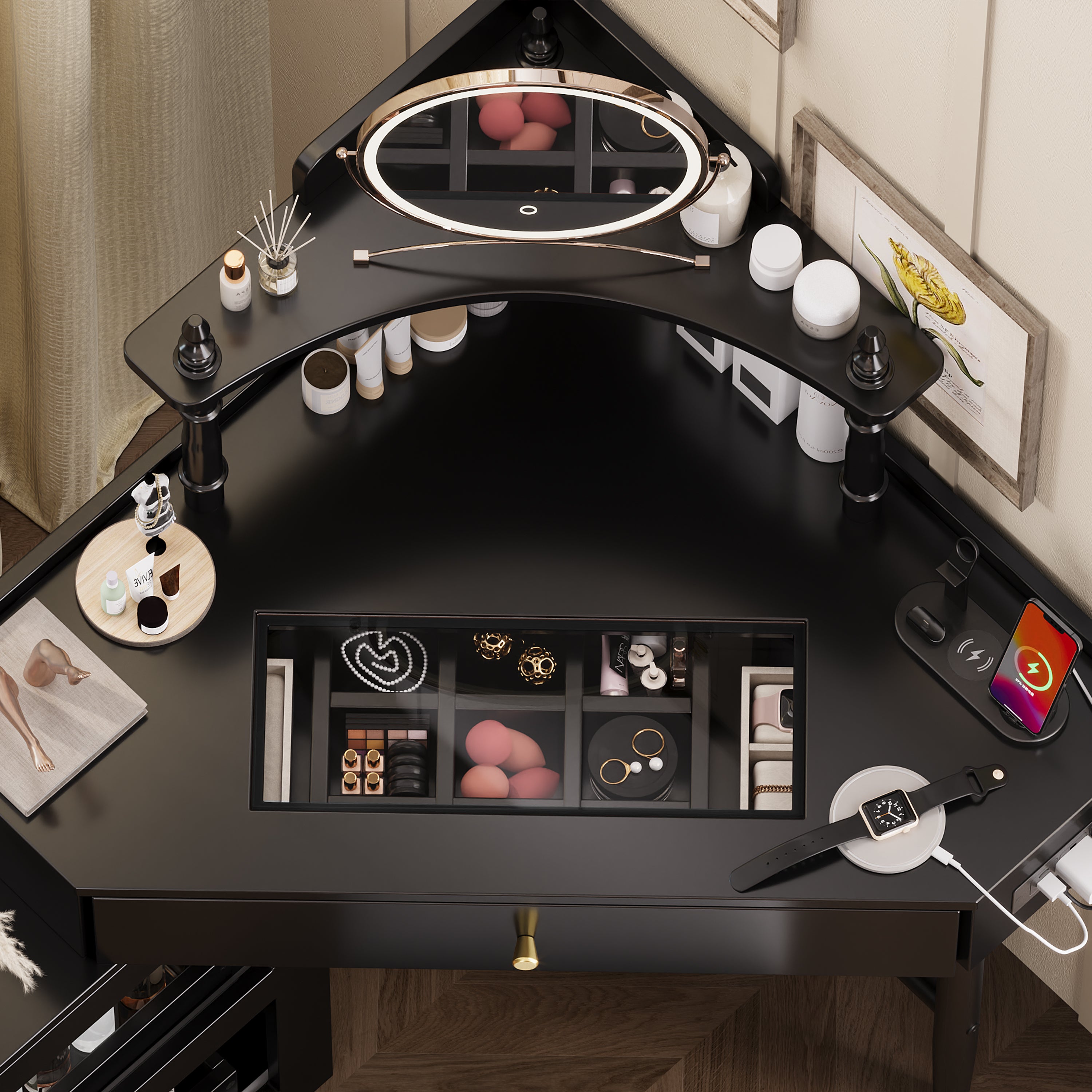 Corner Vanity Desk Set with Storage Cushioned Stool and Charging Station, Triangle Makeup Desk with Removable Pull-Out Side Cabinet, Glass Tabletop Makeup Vanity Desk with Drawer and Shelf, Black Makeup Vanity