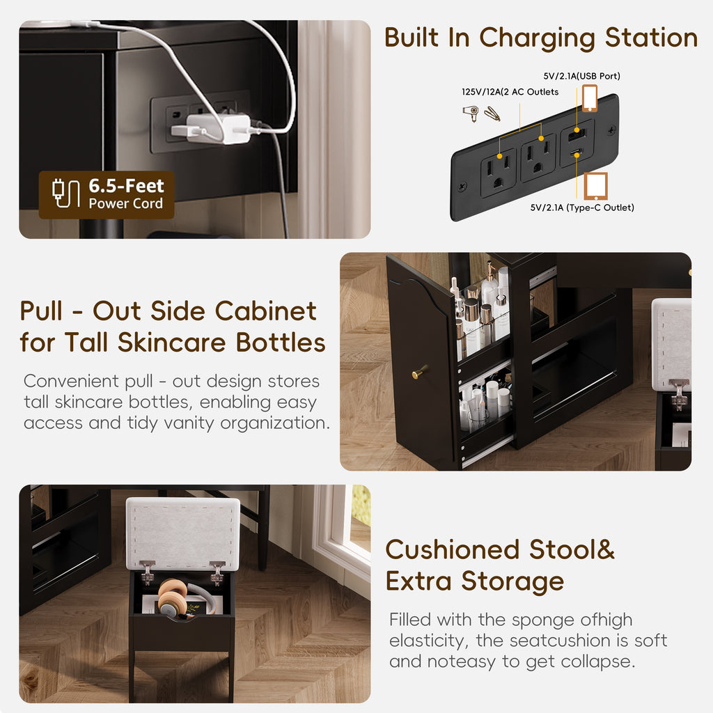 Corner Vanity Desk Set with Storage Cushioned Stool and Charging Station, Triangle Makeup Desk with Removable Pull-Out Side Cabinet, Glass Tabletop Makeup Vanity Desk with Drawer and Shelf, Black Makeup Vanity