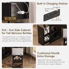 Corner Vanity Desk Set with Storage Cushioned Stool and Charging Station, Triangle Makeup Desk with Removable Pull-Out Side Cabinet, Glass Tabletop Makeup Vanity Desk with Drawer and Shelf, Black Makeup Vanity