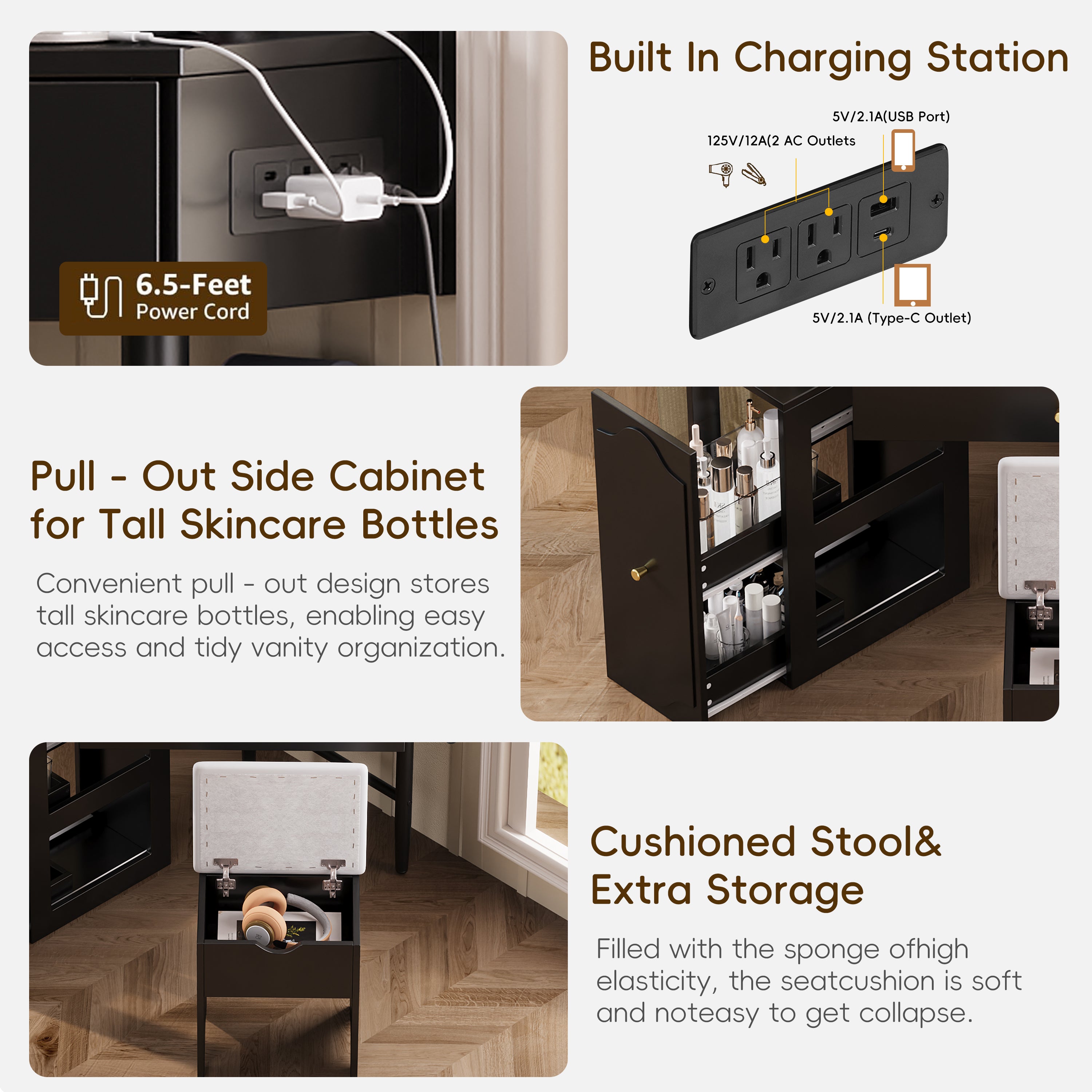 Corner Vanity Desk Set with Storage Cushioned Stool and Charging Station, Triangle Makeup Desk with Removable Pull-Out Side Cabinet, Glass Tabletop Makeup Vanity Desk with Drawer and Shelf, Black Makeup Vanity