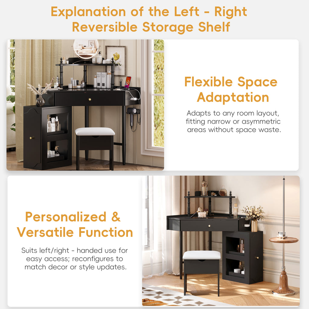 Corner Vanity Desk Set with Storage Cushioned Stool and Charging Station, Triangle Makeup Desk with Removable Pull-Out Side Cabinet, Glass Tabletop Makeup Vanity Desk with Drawer and Shelf, Black Makeup Vanity