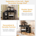 Corner Vanity Desk Set with Storage Cushioned Stool and Charging Station, Triangle Makeup Desk with Removable Pull-Out Side Cabinet, Glass Tabletop Makeup Vanity Desk with Drawer and Shelf, Black Makeup Vanity