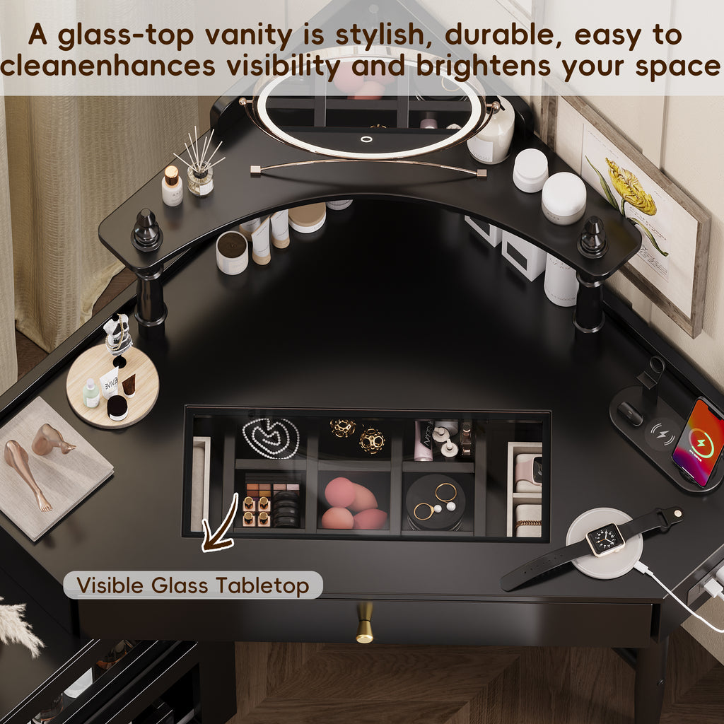 Corner Vanity Desk Set with Storage Cushioned Stool and Charging Station, Triangle Makeup Desk with Removable Pull-Out Side Cabinet, Glass Tabletop Makeup Vanity Desk with Drawer and Shelf, Black Makeup Vanity