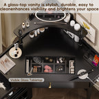 Corner Vanity Desk Set with Storage Cushioned Stool and Charging Station, Triangle Makeup Desk with Removable Pull-Out Side Cabinet, Glass Tabletop Makeup Vanity Desk with Drawer and Shelf, Black Makeup Vanity