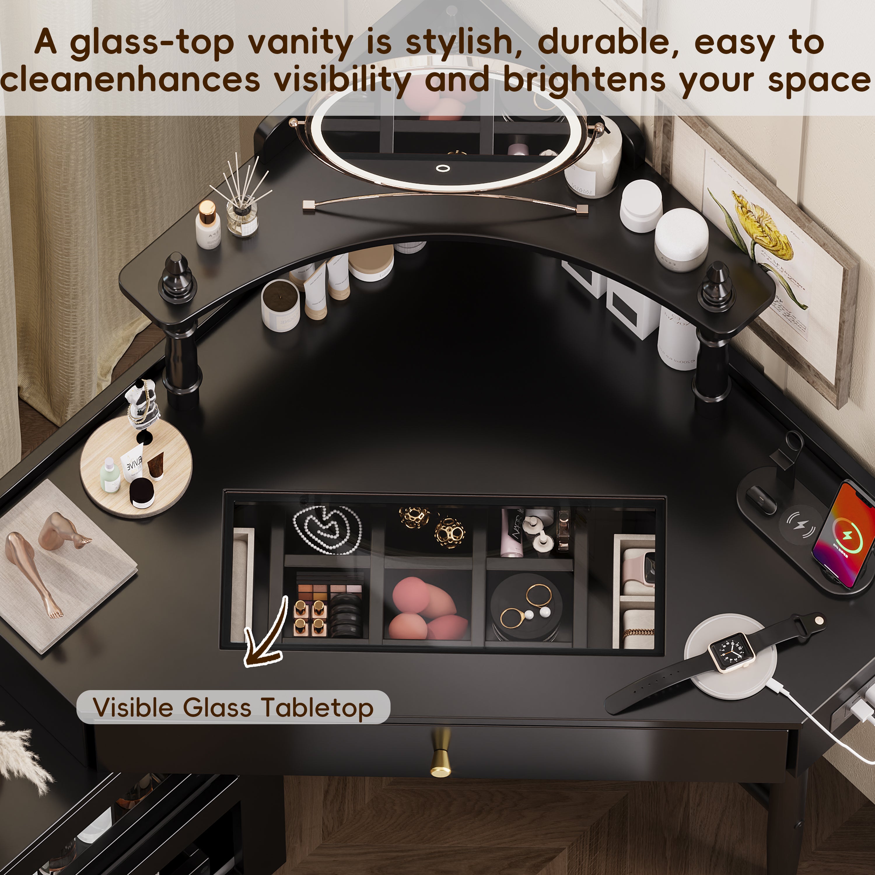 Corner Vanity Desk Set with Storage Cushioned Stool and Charging Station, Triangle Makeup Desk with Removable Pull-Out Side Cabinet, Glass Tabletop Makeup Vanity Desk with Drawer and Shelf, Black Makeup Vanity