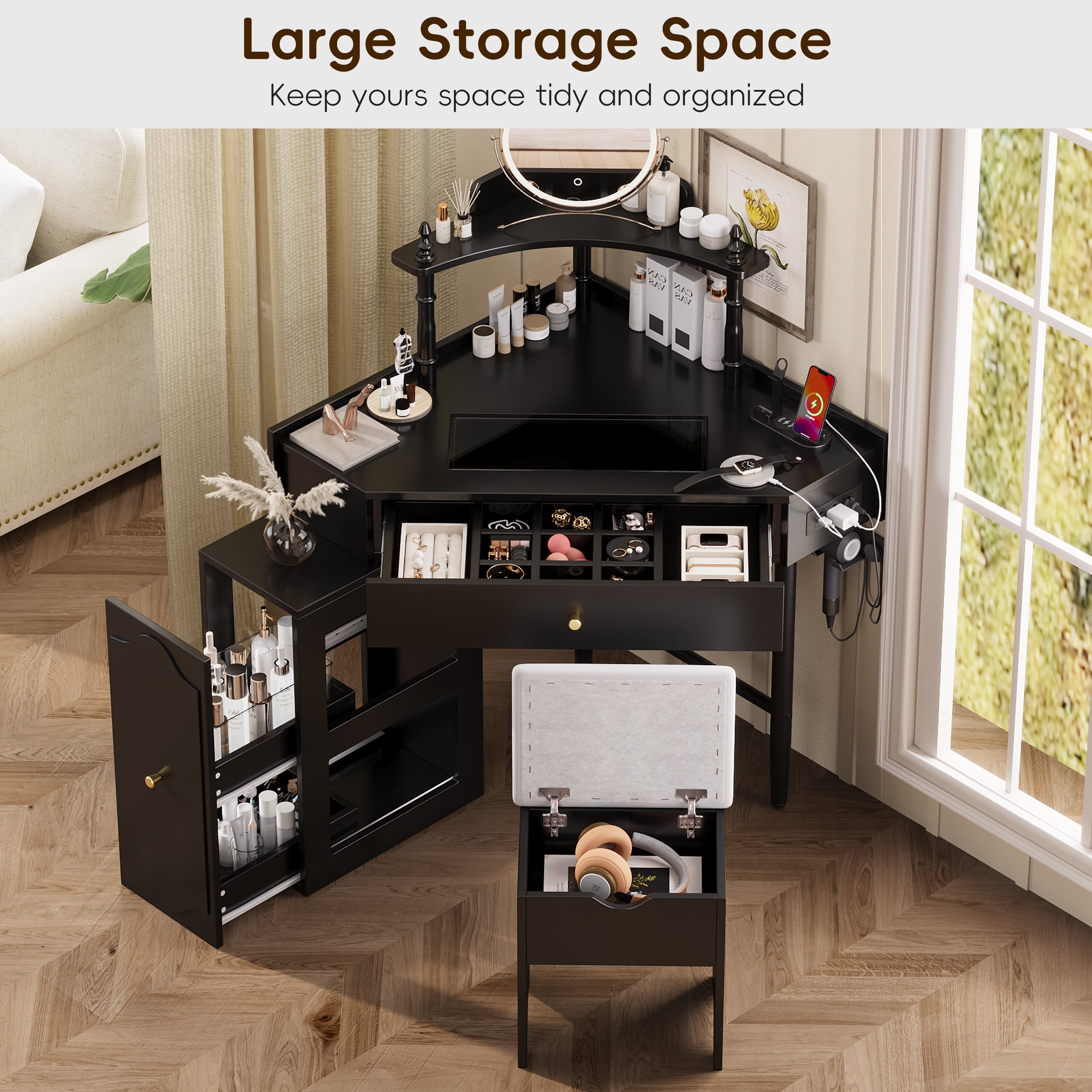 Corner Vanity Desk Set with Storage Cushioned Stool and Charging Station, Triangle Makeup Desk with Removable Pull-Out Side Cabinet, Glass Tabletop Makeup Vanity Desk with Drawer and Shelf, Black Makeup Vanity