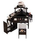 Corner Vanity Desk Set with Storage Cushioned Stool and Charging Station, Triangle Makeup Desk with Removable Pull-Out Side Cabinet, Glass Tabletop Makeup Vanity Desk with Drawer and Shelf, Black Makeup Vanity