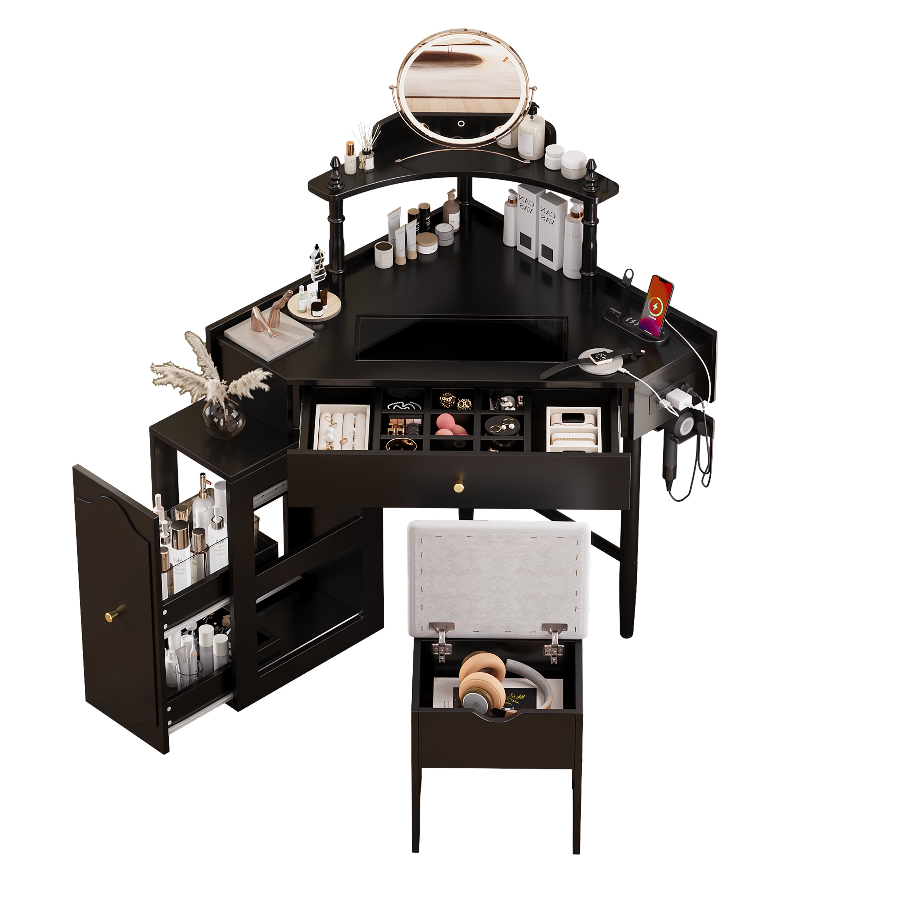 Corner Vanity Desk Set with Storage Cushioned Stool and Charging Station, Triangle Makeup Desk with Removable Pull-Out Side Cabinet, Glass Tabletop Makeup Vanity Desk with Drawer and Shelf, Black Makeup Vanity