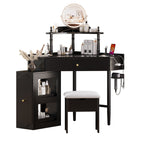 Corner Vanity Desk Set with Storage Cushioned Stool and Charging Station, Triangle Makeup Desk with Removable Pull-Out Side Cabinet, Glass Tabletop Makeup Vanity Desk with Drawer and Shelf, Black Makeup Vanity