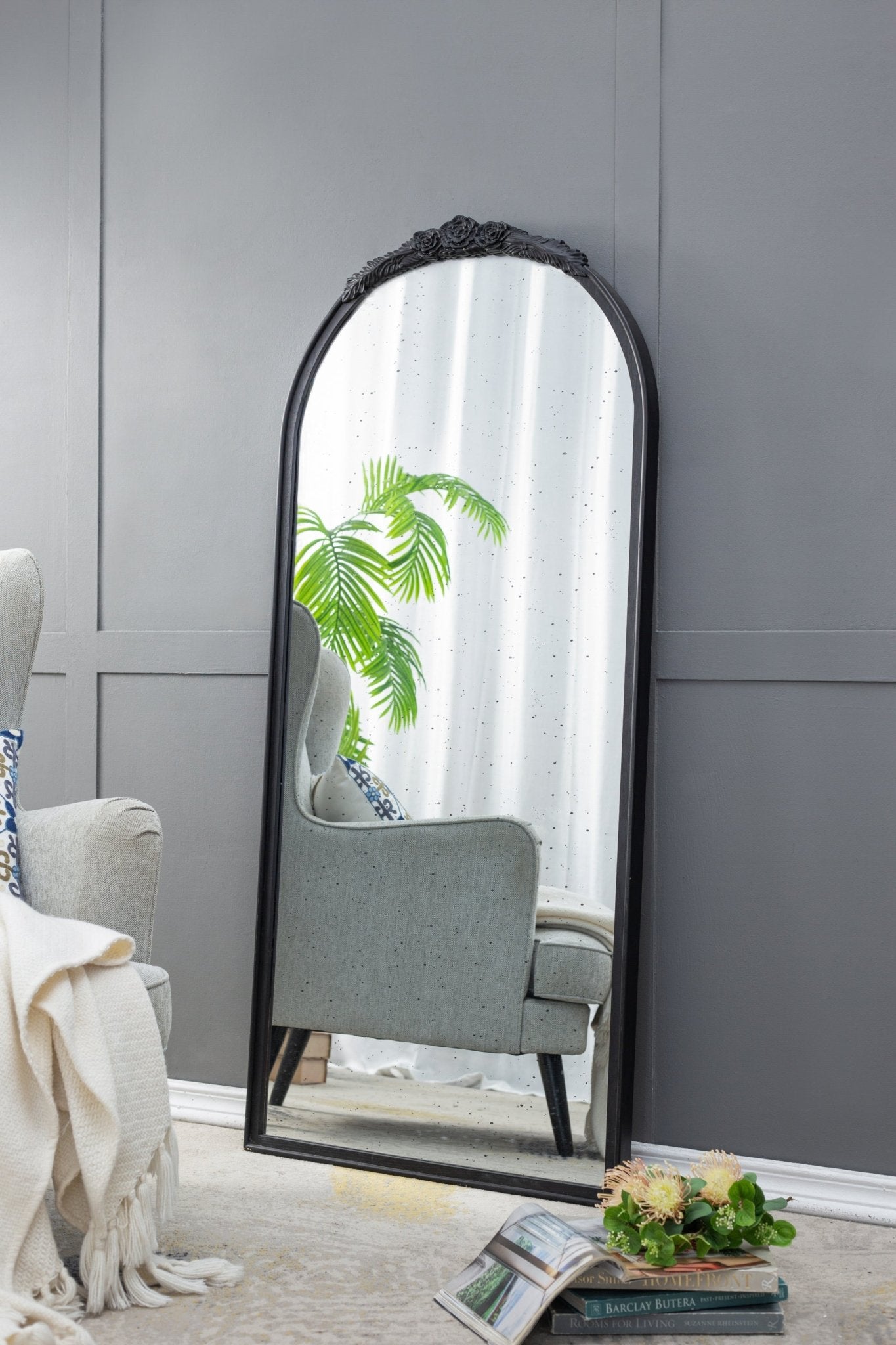 30" x 65" Hand Carved Rose Antique Mirror Frame, Large Arch Mirror Wall Decor for Living Room, Bathroom, Entryway(Black) - Groovy Boardz