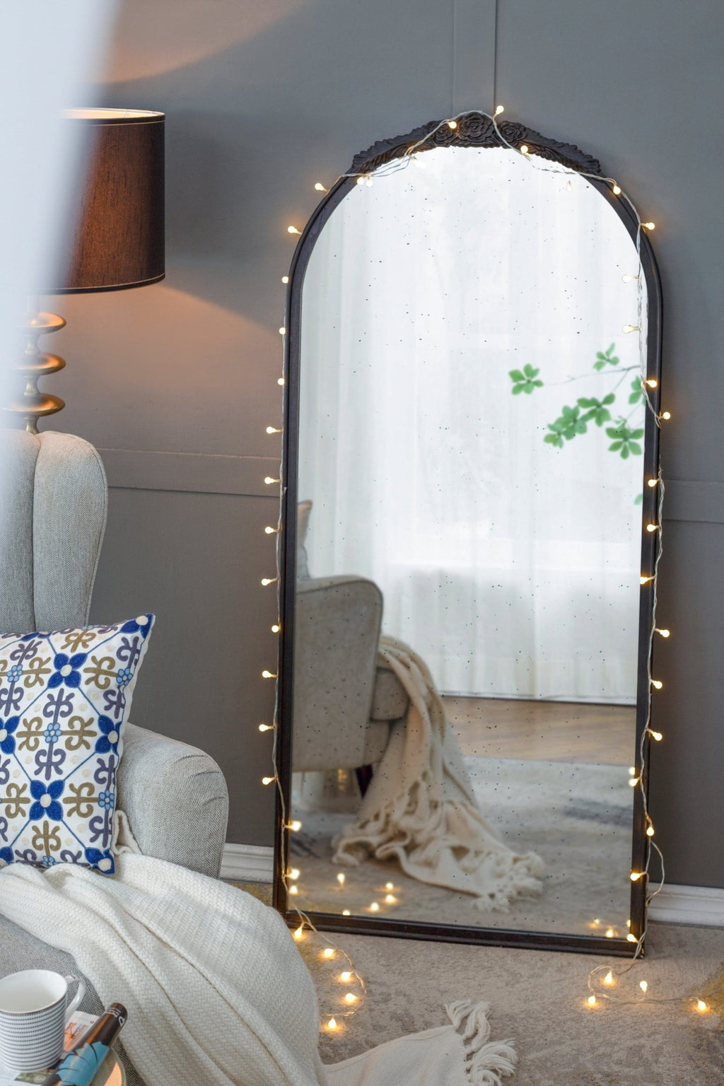 30" x 65" Hand Carved Rose Antique Mirror Frame, Large Arch Mirror Wall Decor for Living Room, Bathroom, Entryway(Black) - Groovy Boardz