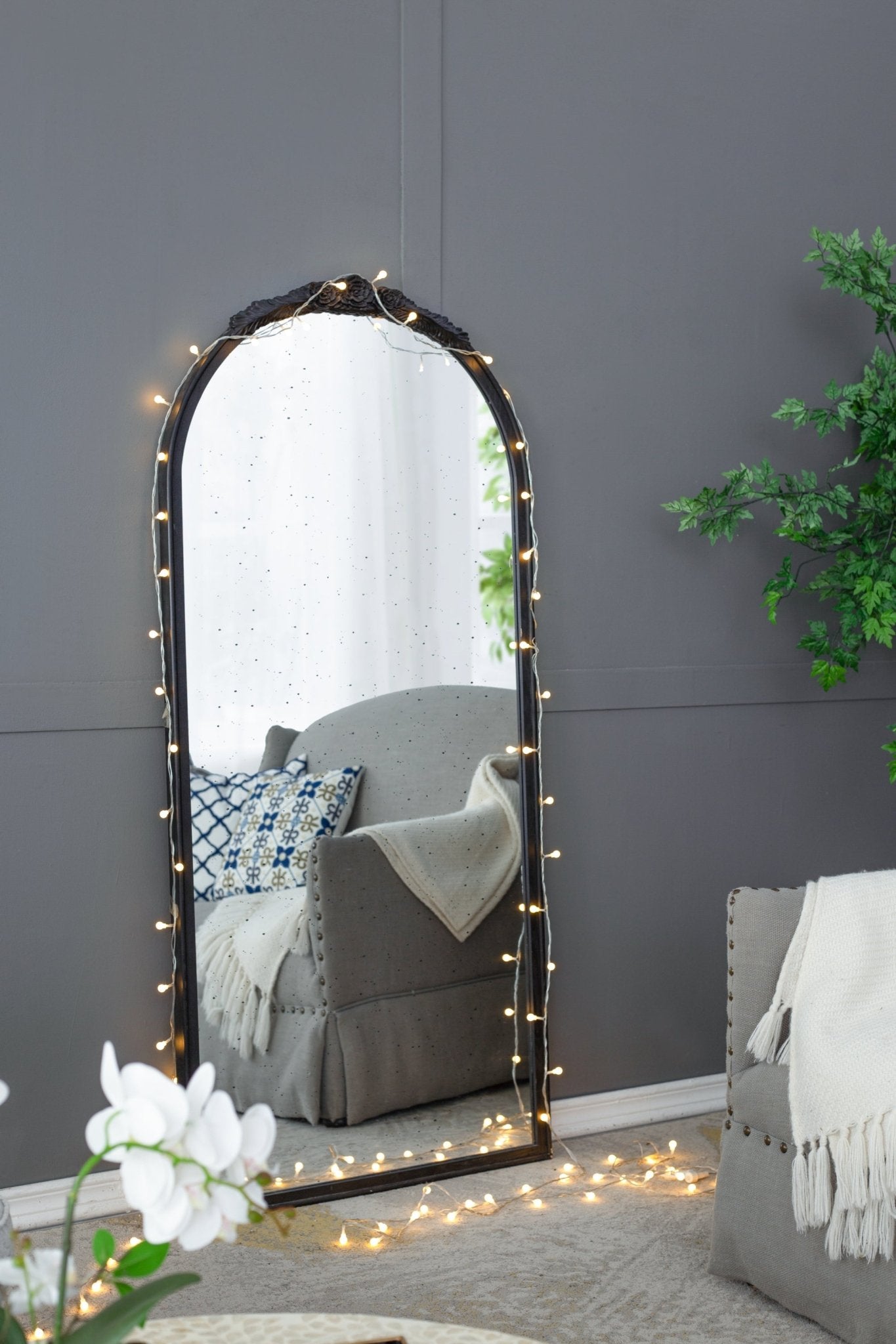 30" x 65" Hand Carved Rose Antique Mirror Frame, Large Arch Mirror Wall Decor for Living Room, Bathroom, Entryway(Black) - Groovy Boardz