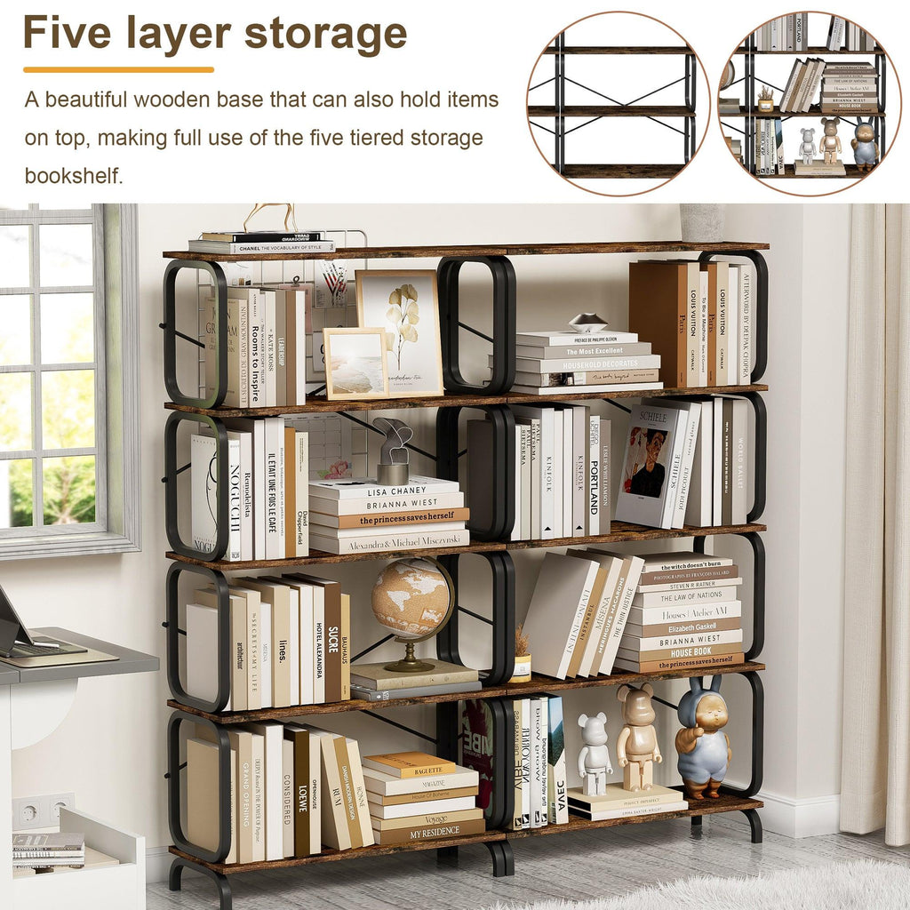 Black Industrial 5-Tier Wood And Metal Bookshelf.