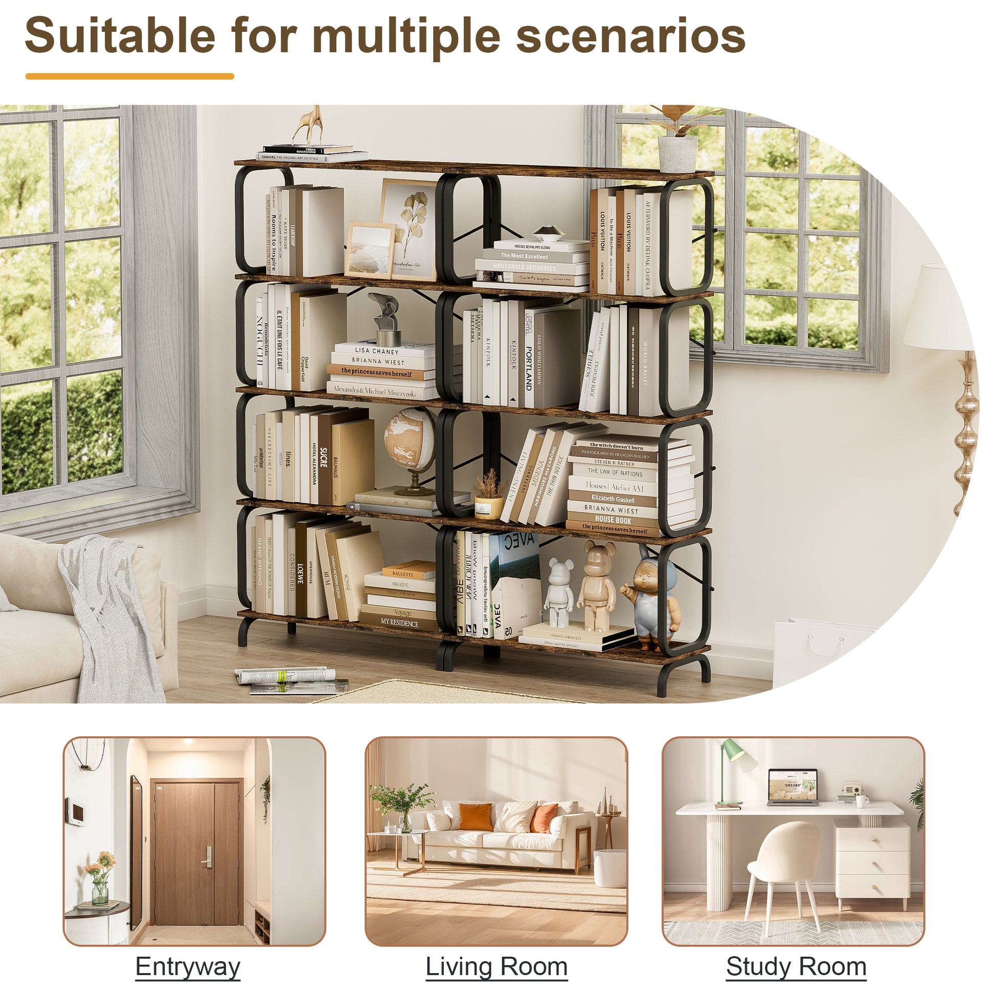 5-Tier Industrial Bookshelf, Rustic Brown Tall Bookcase with Open Wood & Metal Design - Vintage Storage Organizer for Books, CDs, Movies, Multi-Purpose Shelf for Living Room, Bedroom, Home Office