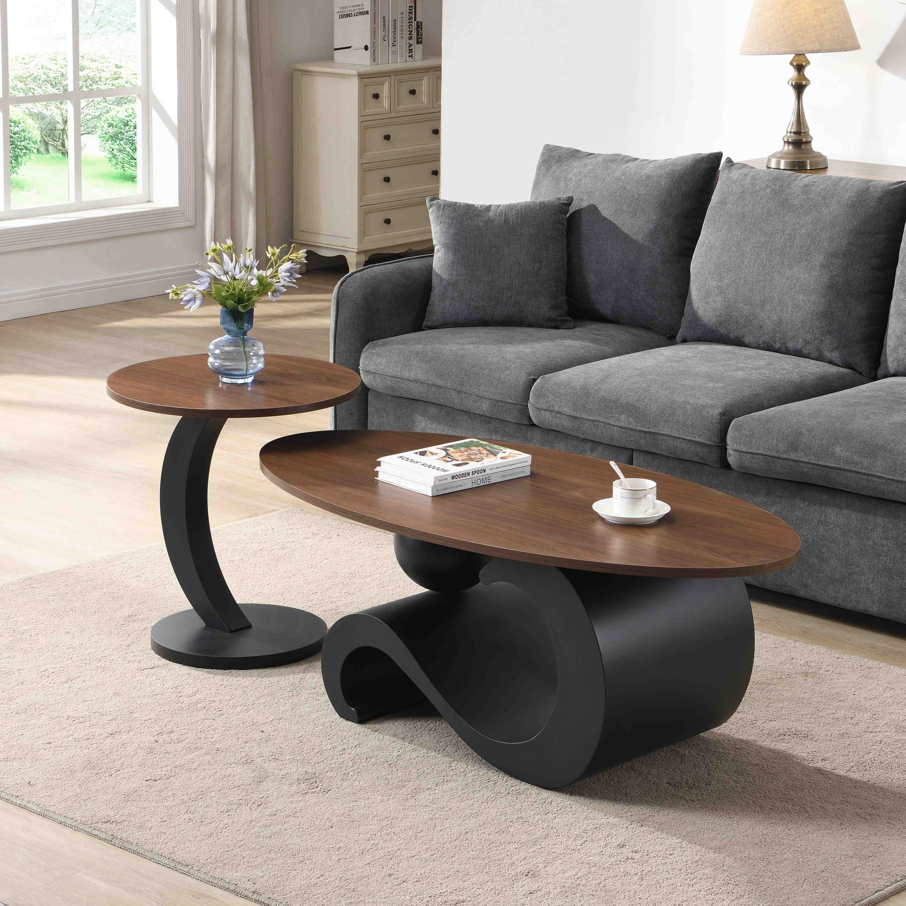 Black Nesting Coffee Table Set of 2, Oral and Round Coffee Table Set, Industrial Table for Living Room, Large 47.24'', Small 19.69''