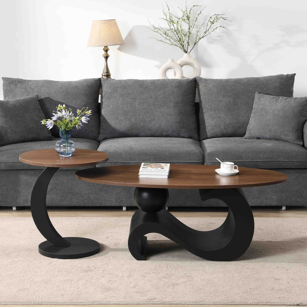 Black Nesting Coffee Table Set of 2, Oral and Round Coffee Table Set, Industrial Table for Living Room, Large 47.24'', Small 19.69''